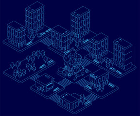 An isometric town illustration features a grid of white buildings and scattered trees on a blue background. A small ice cream shop is outlined in the city's contour. Isometric view