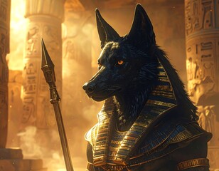 Anubis, a canine-headed deity, is portrayed with a golden spear amidst ancient Egyptian columns. The warm, sunlit environment highlights detail
