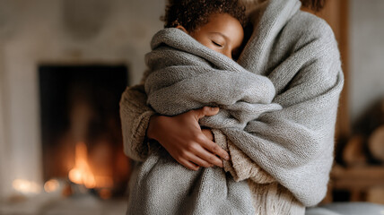 Parent and Child in Warm Embrace by the Fireplace, Capturing Comfort and