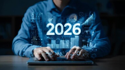 Man in blue shirt using laptop with glowing futuristic HUD interface and 2026 analytics, on dark background, concept of future business forecast - Powered by Adobe