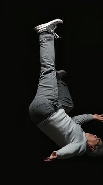 普段着の中年男性が、暗黒空間を回転して落ちる、人生転落のイメージ（縦型動画）