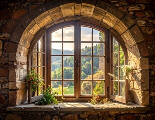 Arched wooden window framed by rustic stone, revealing a sunlit landscape. Flowers adorn the windowsill