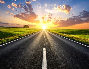 An asphalt road stretches towards the horizon, illuminated by a brilliant sunset breaking through vibrant clouds, over green fields