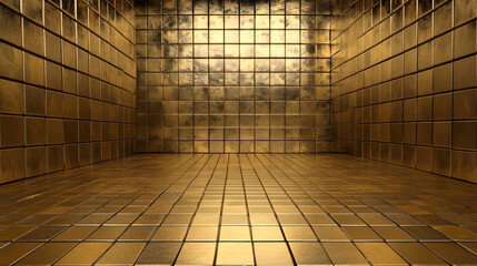 empty room featuring walls and floor covered with textured gold square tiles creating an opulent and luxurious geometric background for wealth, success, and richness concepts
