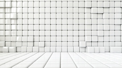 white cubic panels creating a minimalist 3d geometric background with a textured wall and uniform floor perfect for product display or creative advertising concepts