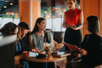 A lively cafe scene where colleagues share ideas around a table, with a server presenting nearby. A relaxed, collaborative vibe highlighting teamwork and casual business communication.