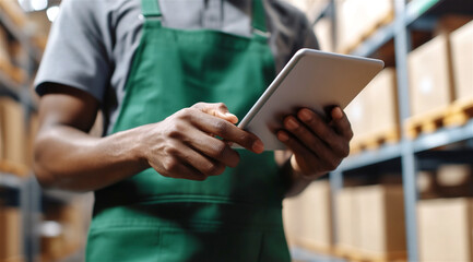 warehouse worker in green apron standing among industrial shelving holding and operating a digital tablet to manage inventory track shipments and streamline logistics operations