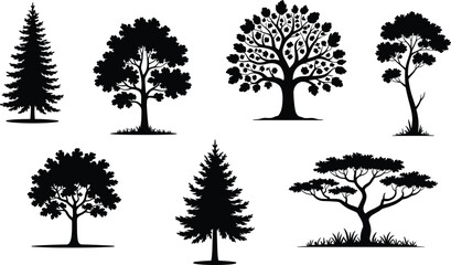Tree silhouette set, black foliage icons, coniferous and broadleaf species, botanical diversity, flat vector, CAD drawing illustration © LatifunNahar