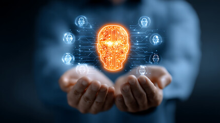 Person holding glowing digital head with surrounding icons artificial intelligence technology