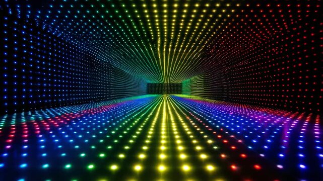 Vivid LED lights forming a rainbow tunnel pattern, immersive glowing design on black background, concept of futuristic light installation