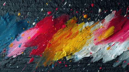 Vibrant paint strokes on brush textured surface. Creative abstract art background with colorful splatter. Modern artistic design.
