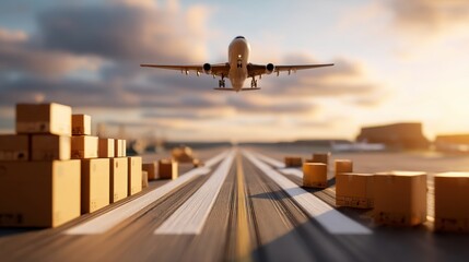 Airplane taking off with cargo boxes on a runway for global shipment. Express delivery, international freight, and logistics concept.