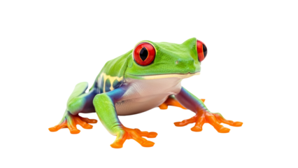This image depicts a vibrant red-eyed tree frog with striking orange feet against a transparent background.