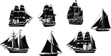 Vintage Sailing Ship Silhouettes Collection Isolated on White Background, Classic Nautical Maritime Illustration for History and Ocean Themes © LatifunNahar