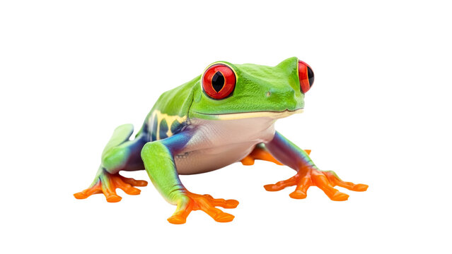 This image depicts a vibrant red-eyed tree frog with striking orange feet against a transparent background.