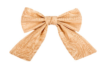 Gold Ribbon bow shiny satin with Christmas ornaments for decorating wedding invitation card, greeting card or gift box on white background.