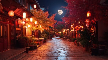 Fototapeta premium Traditional asian street at night with glowing lanterns and colorful autumn trees under a bright full moon for travel and culture.