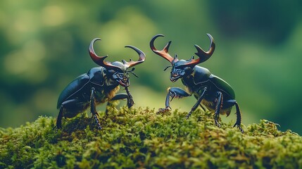 Insect standoff macro photo two horned beetles standing moss vibrant background forest wildlife close detail