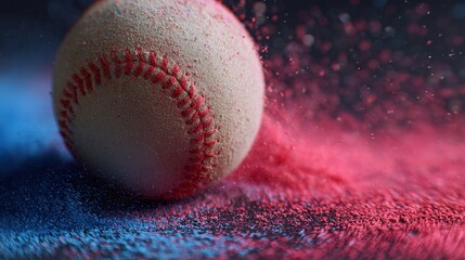 Baseball on pink and blue powder. Sport equipment celebration with colorful dust. Gender reveal party theme or event concept.