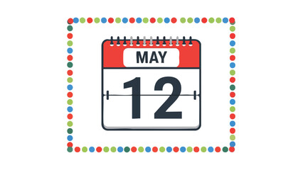 Fototapeta premium Brightly colored digital calendar icon highlighting the twelfth day of May, framed by a playful dotted border perfect for event notifications or