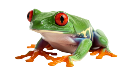 This is an image of a vividly colored frog resting on its hind legs, displaying its bright red eyes against a transparent backdrop.