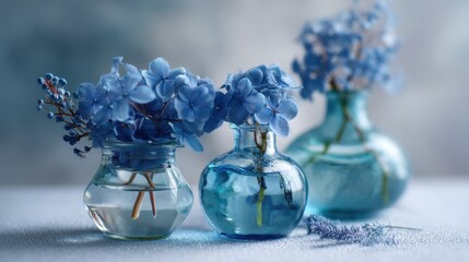 Blue hydrangea flower in glass vase on light background. Minimalist decoration for home interior. Still life with delicate bloom.
