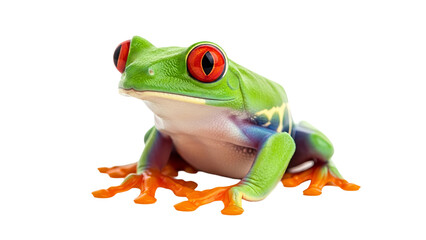 Obraz premium Vividly colored frog with orange feet resting on top of a solid surface. The image is a stock photo.