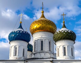 Architectural composition of three colorful onion domes with golden crosses, set against a partly cloudy sky