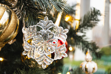 Christmas tree decorated iced snowflake baubles. Xmas holiday card