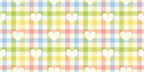 Rainbow gingham seamless pattern with white hearts