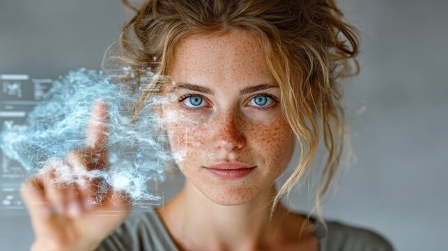 Curious woman with bright blue eyes explores futuristic holographic interface, interacting with glowing digital data streams for innovative discovery. - Powered by Adobe