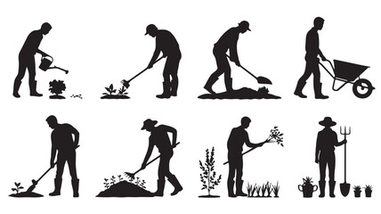 Obraz premium Farmer Working in Field Silhouettes in Simple Monochrome Style with Black Color on White Background for Gardening Illustration