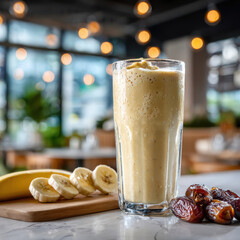 Banana Date Smoothie: A refreshing banana date smoothie sits on a marble counter alongside fresh banana slices and a pile of dates. The inviting drink offers a sense of health and indulgence.