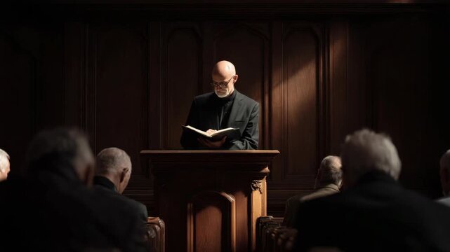 Elderly priest reading from a book at a wooden pulpit in a dimly lit church, surrounded by elderly men, concept of sermon or worship