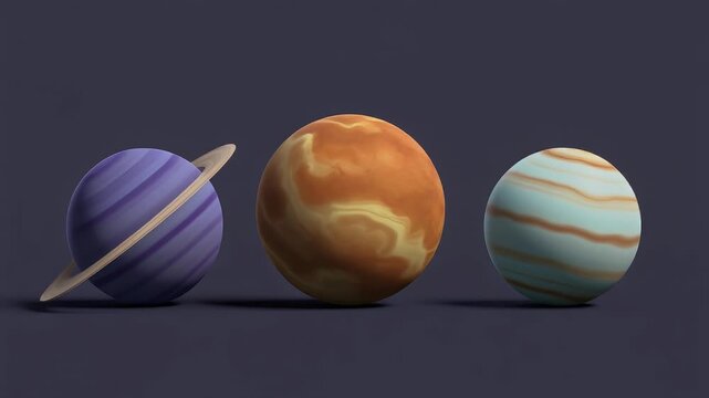 Stylized 3D rendering of three diverse planets, including a prominent ringed gas giant, showcasing a simplified yet captivating view of our solar system's celestial bodies and cosmic wonders