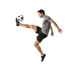 A muscular male athlete is captured in mid-kick motion while playing soccer. The sports player is dressed in athletic clothing and footwear suitable for a soccer game.