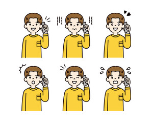 スマートフォンで通話する、様々な表情の若い男性・学生の上半身ベクターイラスト素材セット＿カラー