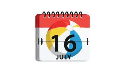 Vibrant calendar display highlighting July sixteenth, prominently featuring a festive beach ball, symbolizing joyful summer holidays and exciting