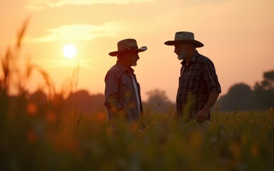 A young and elderly farmer chatting on the field at sunset. High quality