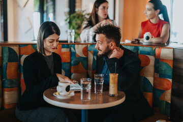 A daytime cafe scene shows two coworkers sharing a conversation over coffee and iced drinks, while others chat in the background. The warm, colorful booth creates a friendly, informal business vibe.