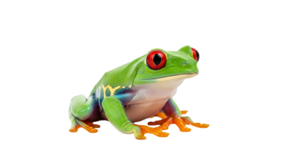 A small green and red tree frog sitting in the foreground on a transparent background.