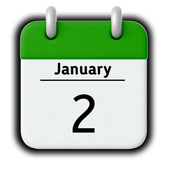January 2st calendar date icon on white background with green header