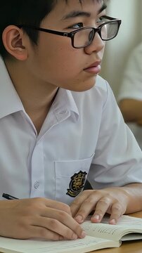 教室でノートをとって勉強する、眼鏡をかけた白シャツ姿の男子中学生（縦型動画）
