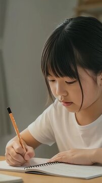 自宅でノートをとって勉強する、白いTシャツ姿の女子小学生（縦型動画）