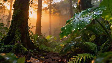 Ultra-realistic rainforest ecosystem at sunrise, detailed dew on leaves, soft mist, rich green tones, cinematic lighting, sustainability concept