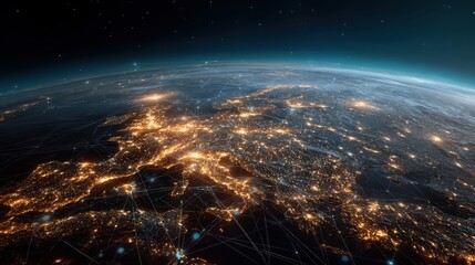 Planet earth showing europe with illuminated city lights and network connections. Global communication and internet technology concept.