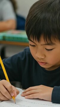 教室でノートをとって勉強する、紺のロングTシャツ姿の男子小学生（縦型動画）