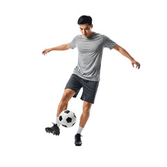 Fototapeta premium A young male soccer player wearing sports clothes kicks a white and black soccer ball. 