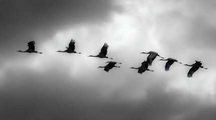 Flock of cranes flying in formation across a cloudy sky. Bird migration and freedom concept. Black and white nature photography.