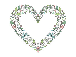 Heart shape outlined with stylized green leaves and small pink and blue flowers